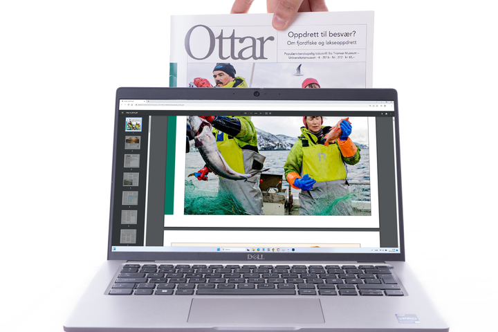 Illustrasjonsbilde av et fysisk magasin som "synker" inn i et en laptop og blir et digitalt magasin.
