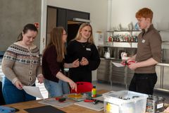 FIre ungdommer smiler, prater og holder maling og papirark