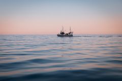 fiskebåt som seiler på havet med dus rosa himmel bak