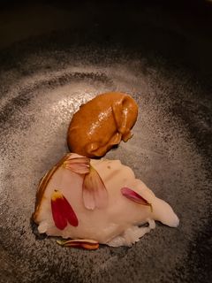 et stykke hvit fisk og karamellfarget saus som ligger på en tallerken