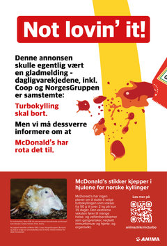Kort alternativ tekst: Plakat som kritiserer McDonald's bruk av turbokylling, med teksten "Not Lovin' It".