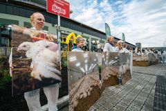 Dyrevenner i smitteverndrakter holder plakater med bilder av kyllinger foran en McDonald's på Nadderud Fotballstadion.