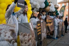Dyrevenner i hvite smittevernsdrakter står på rad utenfor en McDonald's-restaurant dekorert med gule og grønne ballonger, og holder opp plakater med bilder av kyllinger og protesttekster.