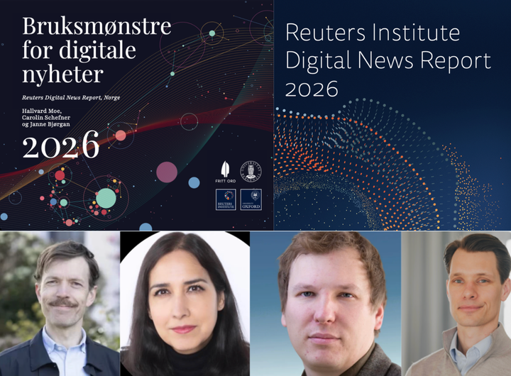 Over: Norsk og internasjonal rapport. Nederst: Hallvard Moe (Universitetet i Bergen), Shazia Majid (VG) Richard Fletcher, Reuters Institute og Tellef Raabe (Fritt Ord)