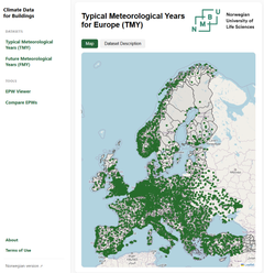 Klimadataplattformen viser et kart over Europa med grønne punkter for tilgjengelige klimadata for bygg.