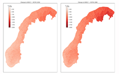 Mørkere farger viser større reduksjon i oppvarmingsbehov. Beregningene viser at norske bygninger vil trenge mindre energi til oppvarming i framtiden, som følge av mildere vintre. Utviklingen frem mot 2080 vil avhenge av hvordan de globale klimagassutslippene utvikler seg.