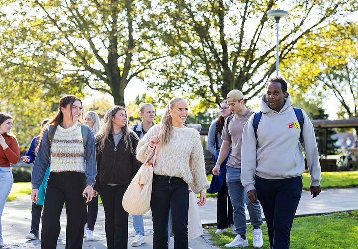 En gjeng glade studenter går på veien som leder gjennom campus Ullandhaug.