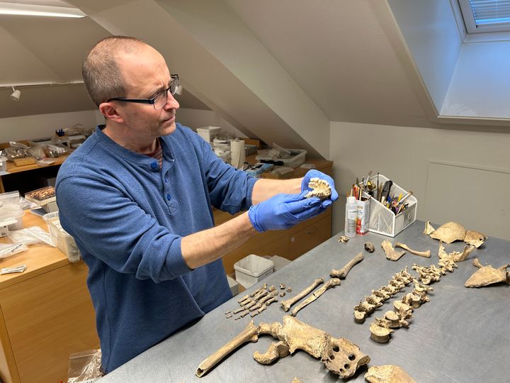 Skjelettet av en kvinne fra middelalderens Stavanger røper et hardt liv. Hun bar sannsynligvis tunge bører hver dag – kanskje på ryggen, med en reim eller tau mellom tennene for å stabilisere vekten.