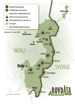 Kartet viser status for helnorske og svensk-norske ulverevir vinteren 2023-24.