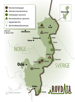 Kartet viser foreløpig status for helnorske og svensk-norske ulverevir per. 6. februar 2026.