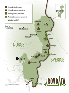 Kartet viser status for ulv i helnorske og svensk-norske ulverevir vinteren 2025-2026.