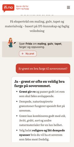 KONKRETE SVAR: Oppussingshjelpen Frida er tilgjengelig direkte på ifi.no og skal gjøre det enklere å finne råd om oppussing, vedlikehold og materialvalg, både på mobil og desktop.