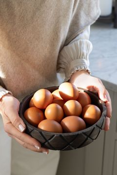 En person holder en trebolle fylt med brune egg.