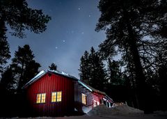 Rød hytte i skogen om natten, opplyst med lys i vinduene under en stjerneklar himmel.