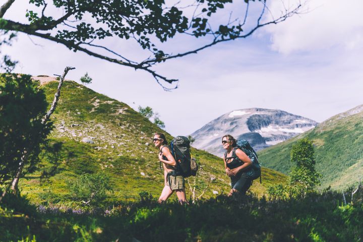 To personer på fottur i fjellandskap med ryggsekker, mot en bakgrunn av grønne åser og snødekte fjell.