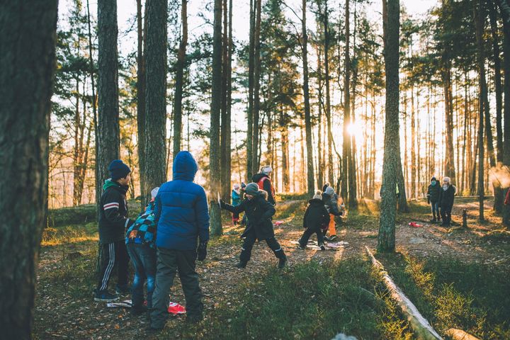 Barn leker i skog