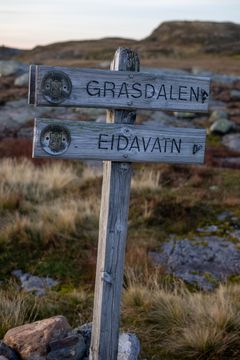 Treskilt i fjellet som peker mot Grasdalen og Eidavatn.