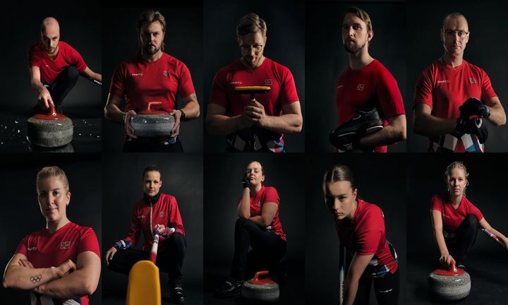 De to lagene som skal representere Norge i EM i curling. Oppe fra venstre: Magnus Ramsfjell, Martin Sesaker, Bendik Ramsfjell, Gaute Nepstad og Wilhelm Næss. Nede fra venstre: Kristin Skaslien, Marianne Rørvik, Mille Haslev Nordbye, Eilin Kjærland og Ingeborg Forbregd.
