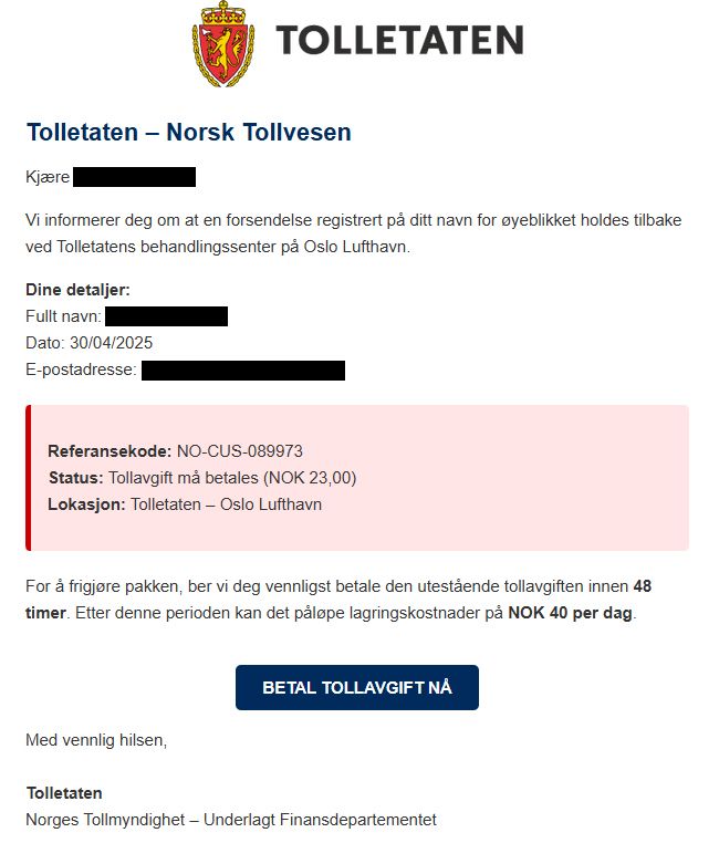 Eksempel på svindelforsøk