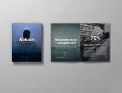 Forsiden av rapporten "Kokain i grenseland" og to bilder som viser innsiden av rapporten.