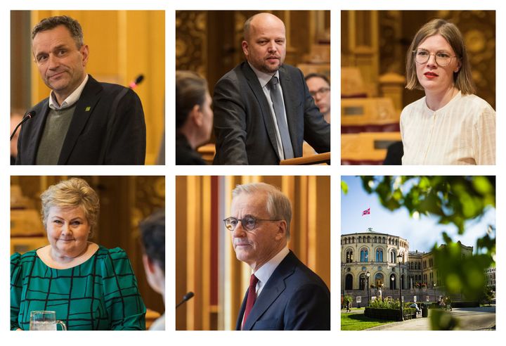 En kollasj som viser fem politikere på talerstolen og et bilde av stortingsbygningen.