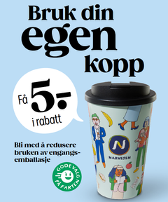 Narvesen gir 5 kr i avslag til kunder som bruker egen kopp når de kjøper kaffe eller varm drikke.