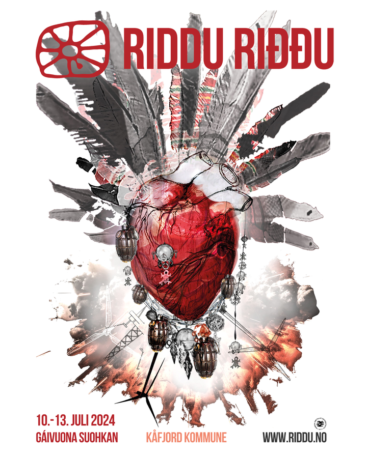 Årets Riddu Riđđu festivalplakat. Plakatmotivet er laget av den kjente samiske kunstneren Máret Ánne Sara. Layout er gjort av illustratør Kine Kjær.