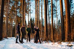 Fem unge mennesker inne i en skog i froskeperspektiv