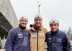 Sigurd Søberg (f.v.), Rune Velta og Anders Fannemel fortsetter som trenere for hoppgutta.