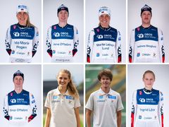Kombinertlandslaget i VM-sesongen: Ida Marie Hagen, Jens Lurås Oftebro, Marte Leinan Lund, Andreas Skoglund, Einar Lurås Oftebro, Mille Marie Hagen, Aleksander Skoglund og Ingrid Låte.