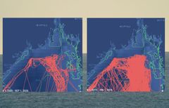 Satellittsporing av tung og skadelig tråling med krepsetrålere. Bildet til venstre viser tråling fra januar til september 2026, mens bildet til høyre vise hvordan havområdet er trålt ned i perioden 2016-2026. Hver strek viser én tråling. Kilde: Global Fishing Watch