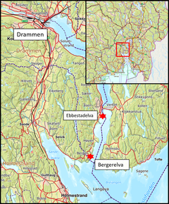 Kartet viser plassering av Bergerelva (vassdragskode 012.3Z) i Drammensregionen, Buskerud. I tillegg til i Bergerelva, ble parasitten på nytt bekreftet i Ebbestadelva (vassdragskode 012.2Z), rett utenfor Svelvikstrømmen i Drammensfjorden i Buskerud fylke.