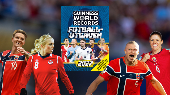 Norske rekordholdere i den nye «Guinness World Records 2027: Fotballutgaven». Fra venstre: Martin Ødegaard, Solveig Gulbrandsen, Erling Braut Haaland og Maren Mjelde.