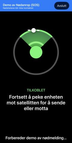 Skjermbilde av en demonstrasjon av nødanrop via Satellitt på iPhone
