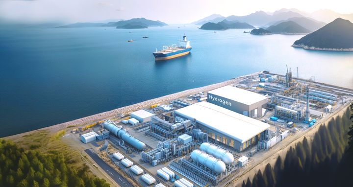 Illustrasjonsbilde som viser hydrogenproduksjonsanlegg ved fjorden