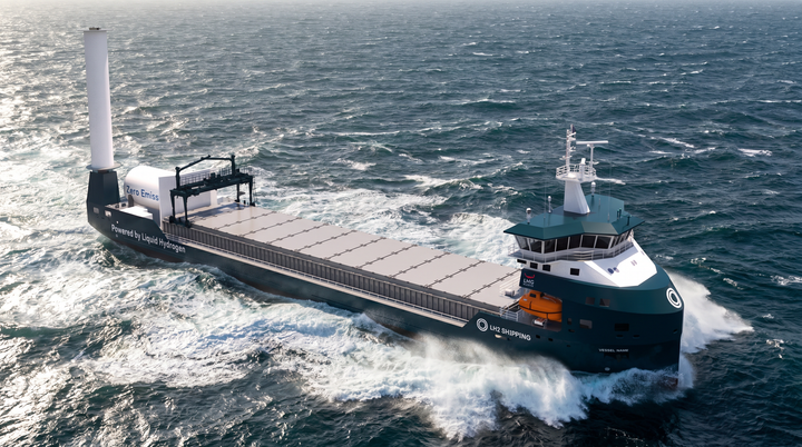 LH2 Shipping får støtte til to bulkskip som skal gå på flytande hydrogen. Illustrasjonen viser korleis skipa vil sjå ut.
