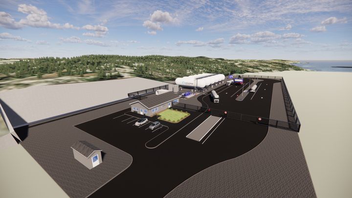 Slik er det planlagt at den nye mottaksterminalen for CO₂ i Øygarden utanfor Bergen skal sjå ut når han står ferdig. Det blir Noregs første mottaksterminal for CO₂ som ein òg kan nå via landtransport, og han vil gjere det mogleg for både store og små bedrifter frå heile landet å levere frå seg utsleppa sine.
