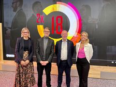 Avbildet t.v.: Hanne Løvstad, partner og leder for bærekrafts- og klimatjenester i PwC, Erlend Bjørklund, bærekraftsrådgiver i PwC, Bernhard Mauritz Stormyr, VP Sustainability Governance i Yara International, og Nelly Flatland, bærekraftsdirektør i Atea.