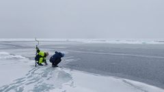 To forskere sitter ved iskanten ved Diskobukta i Grønland.