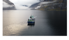 Dronefoto av skipet «Hans Brattstrøm» som seiler inn i Nærøyfjorden mellom høye, tåkelagte fjell.
