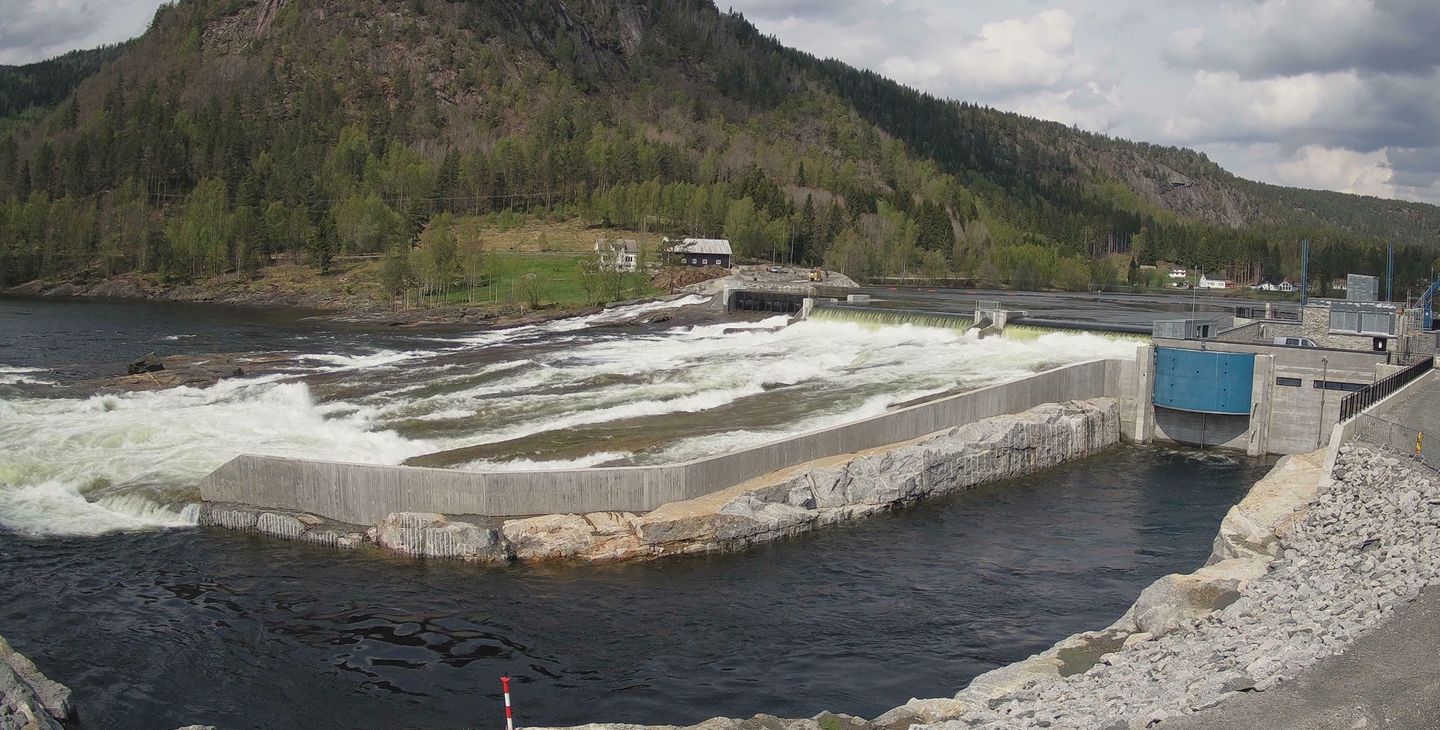 Elv, vann, kraftverk, dam, skog, himmel. Foto.