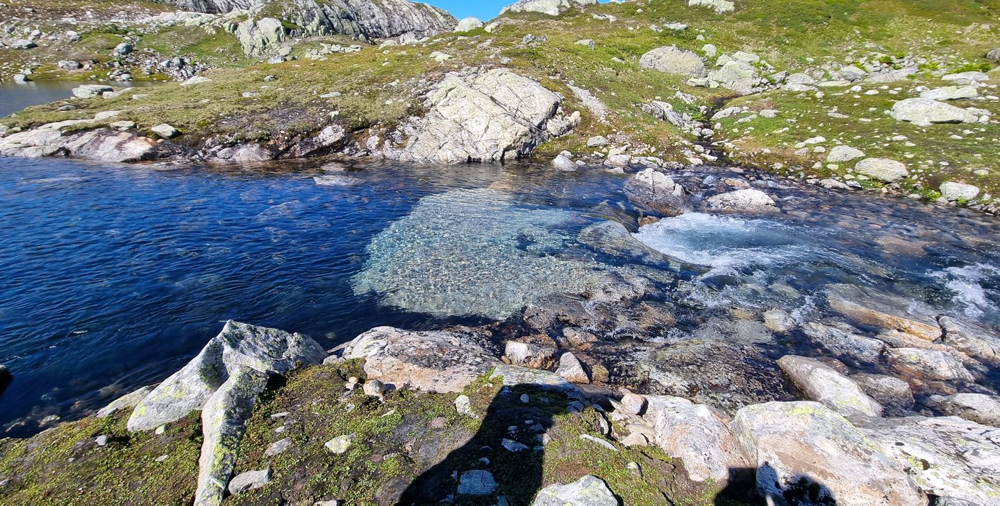 Bekk, fjellterreng, grus. Foto.