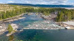 Elv, dam, skog, himmel, skyer. Foto.