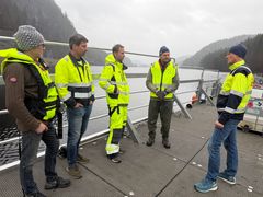 Gruppe mennesker, elv, skog, himmel. Foto.