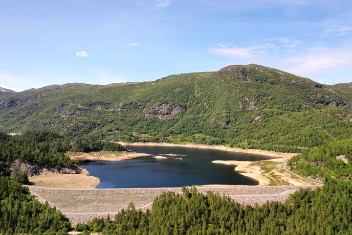 Dam, vann, skog, himmel. Foto.