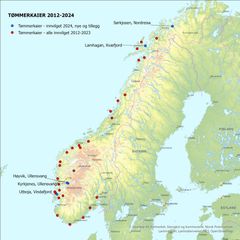 Kartet viser tømmerkaienes lokalisering (kaier med tilskudd i perioden 2012-2024). Tilskudd 2024 merket med blå prikker.