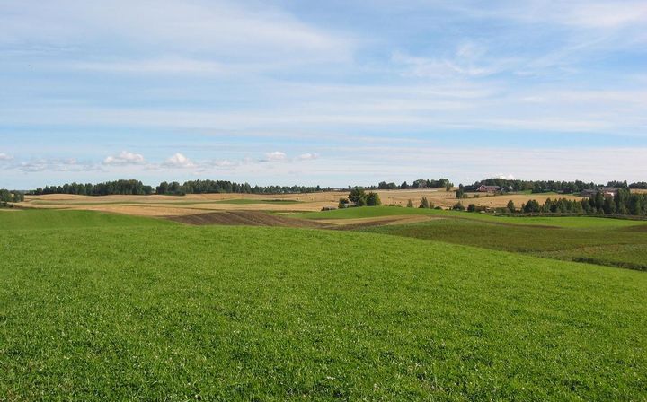 Jordbrukslandskap med gårder i bakgrunnen