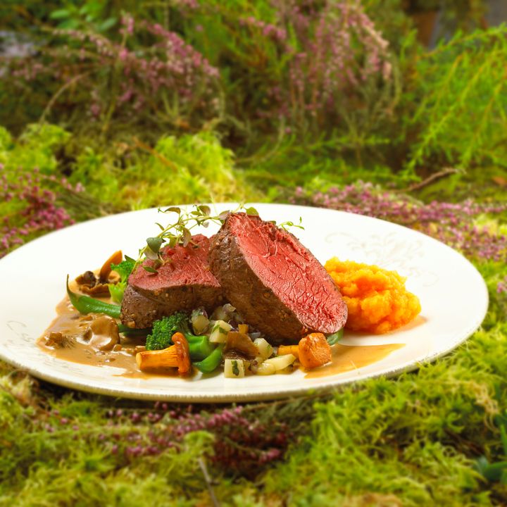 Middagstallerken med latbiff av rein.