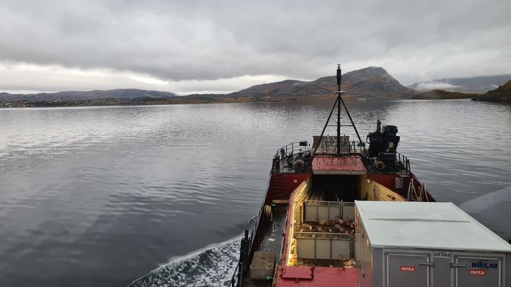 Båt med reinsdyr i lasterommet på vei over sjøen mot noen øyer, der dyrene skal beite.