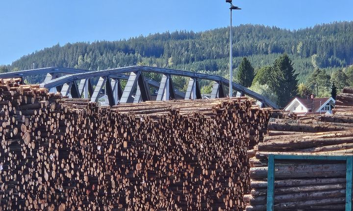To rekker med tømmer, trebru og skogkledd ås i bakgrunnen.